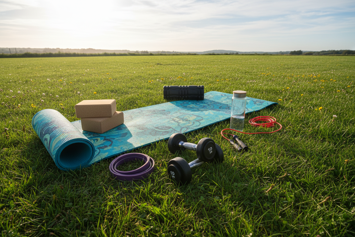 sport equioment like yoga and so lied on a grass field